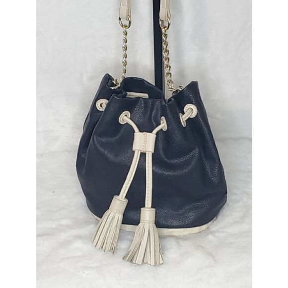 Saks Fifth Avenue Drawstring Vegan Leather Black /Ivory Crossbody Purse Bag - Picture 1 of 7